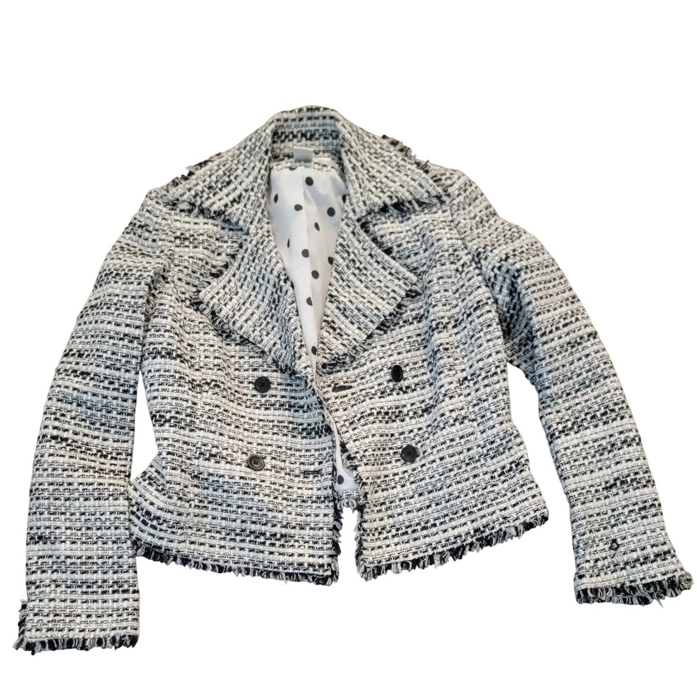 Jones New York Petite Tweed Blazer Black White Double Breasted Fringe Jacket 10P